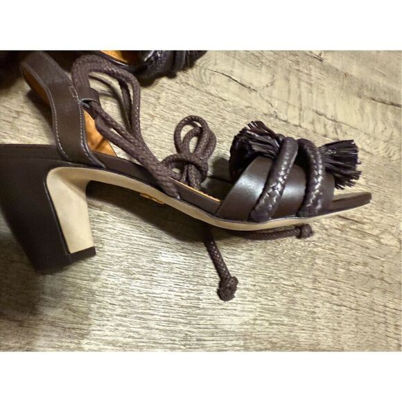 TORY BURCH brown ROPE FRINGE 65MM-HEELED LEATHER SANDAL US 7 - Picture 5 of 7